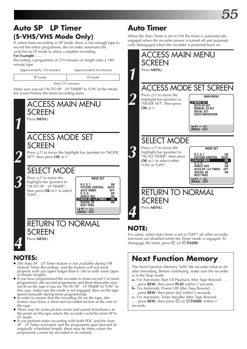 Access main menu screen, Access mode set screen, Select mode | Return to normal screen, Auto timer, Auto sp → lp timer, S-vhs/vhs mode only) | JVC HM-DR10000EK User Manual | Page 55 / 80