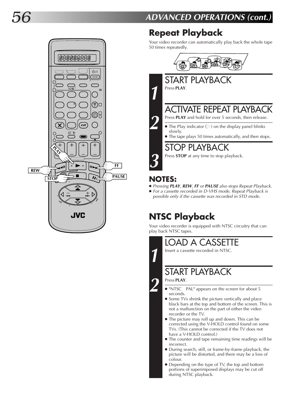 Start playback, Activate repeat playback, Stop playback | Load a cassette, Advanced operations (cont.), Repeat playback, Ntsc playback | JVC HM-DR10000EK User Manual | Page 56 / 80