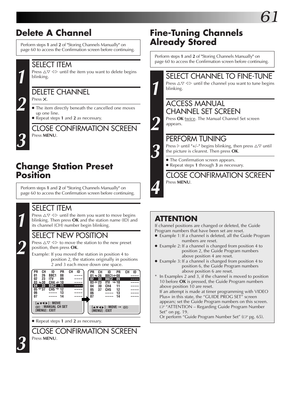 Change station preset position, Delete a channel, Fine-tuning channels already stored | Select item, Select new position, Close confirmation screen, Delete channel, Select channel to fine-tune, Access manual channel set screen, Perform tuning | JVC HM-DR10000EK User Manual | Page 61 / 80