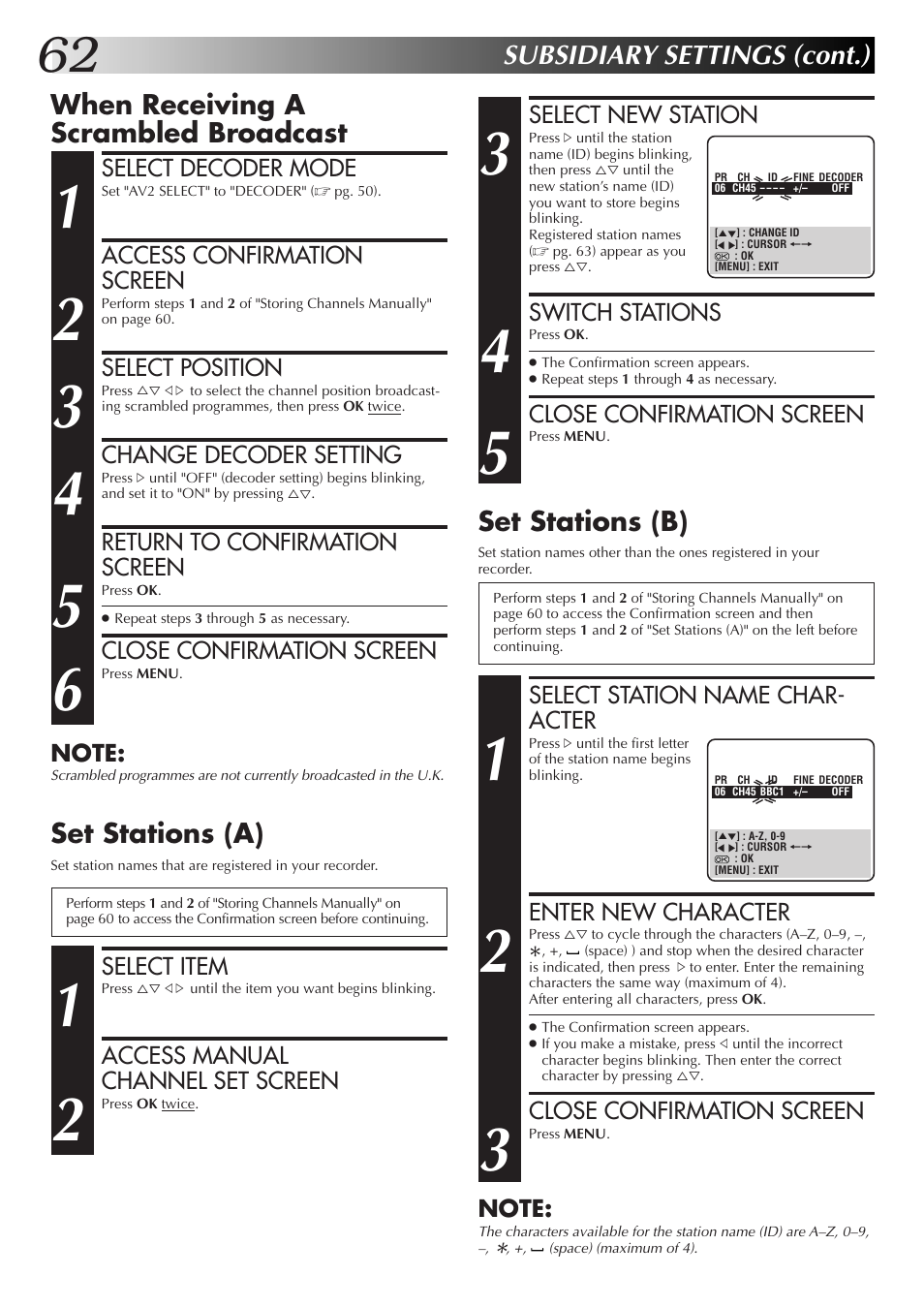 Subsidiary settings (cont.), Set stations (b), Set stations (a) | When receiving a scrambled broadcast | JVC HM-DR10000EK User Manual | Page 62 / 80