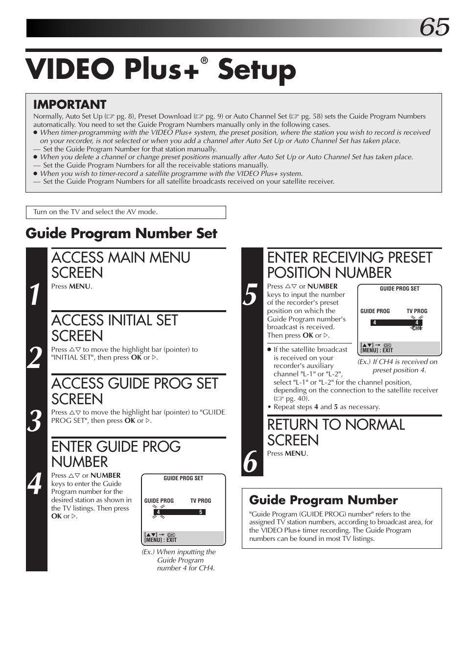 Video plus, Setup, Access main menu screen | Access initial set screen, Access guide prog set screen, Enter guide prog number, Enter receiving preset position number, Return to normal screen, Guide program number set | JVC HM-DR10000EK User Manual | Page 65 / 80