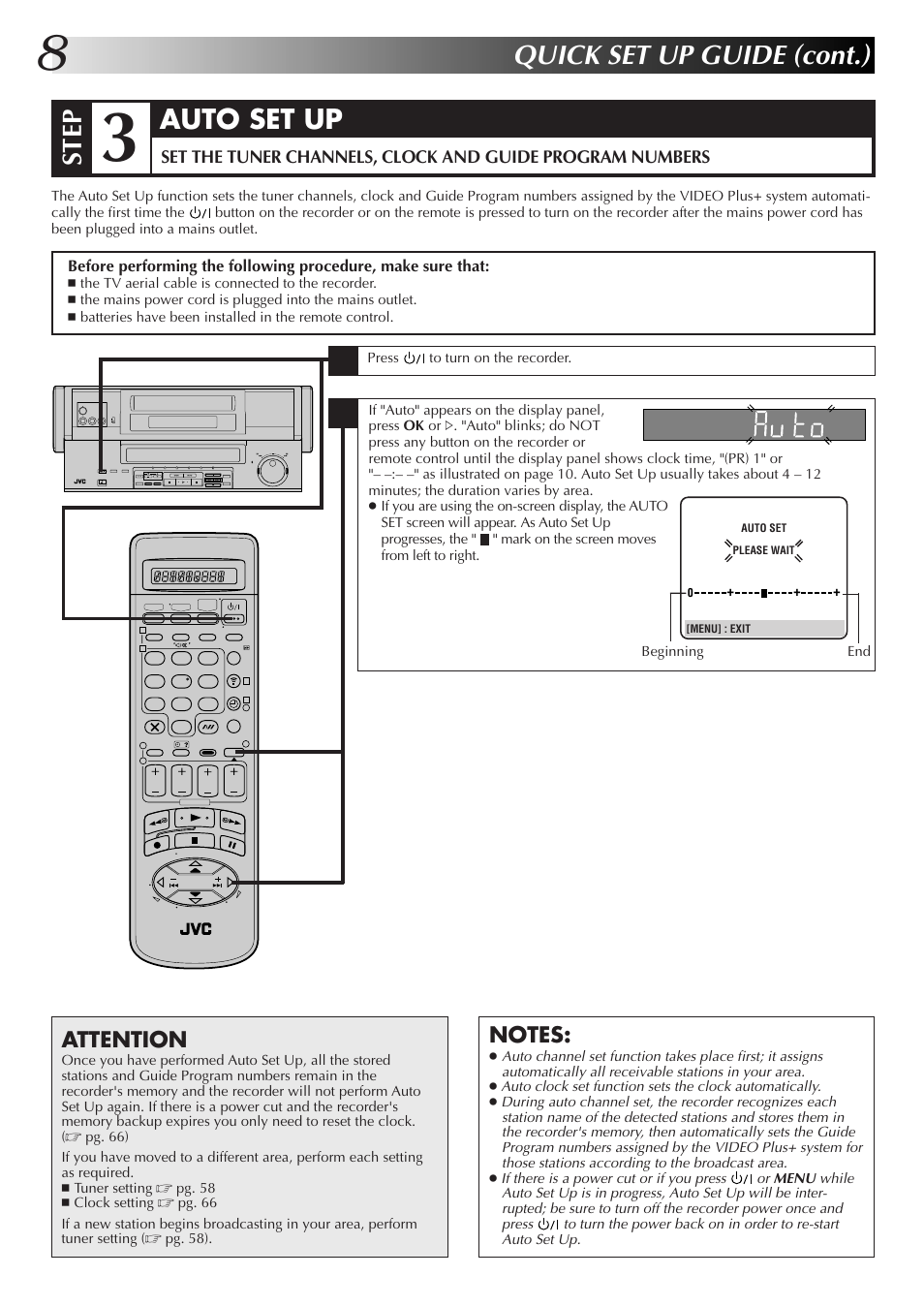 Quick set up guide (cont.), Step, Auto set up | Attention | JVC HM-DR10000EK User Manual | Page 8 / 80