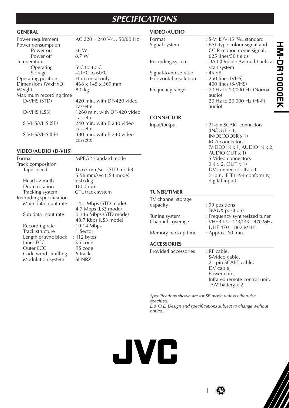 Specifications | JVC HM-DR10000EK User Manual | Page 80 / 80