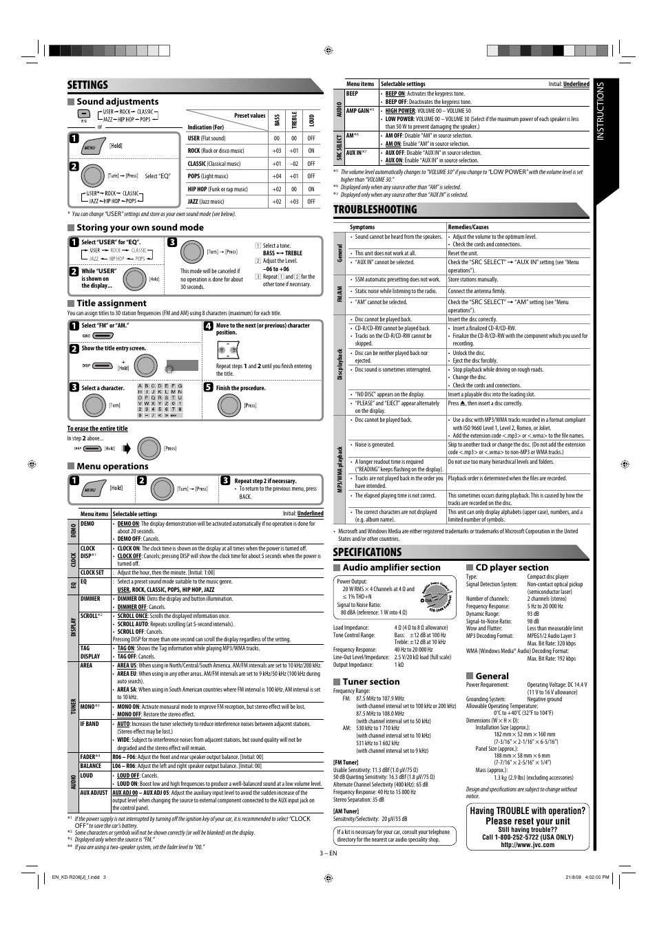 Specifications, Troubleshooting, Settings | General, Sound adjustments, Storing your own sound mode title assignment, Menu operations | JVC GET0558-001A User Manual | Page 3 / 4