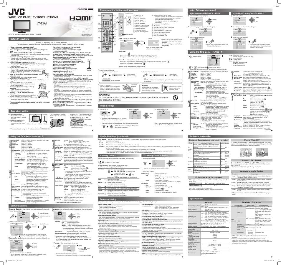 Remote control buttons and functions, Initial settings, Clear sd | Zoom, Set up, Picture, Features, Sound, Wide lcd panel tv instructions lt-32a1 | JVC GGT0353-001A-H User Manual | Page 2 / 6