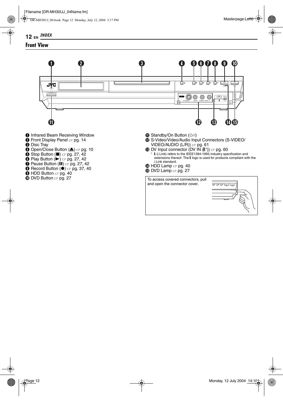 Index, Front view, S 12 | Index 12 | JVC DR-MH20SUJ User Manual | Page 12 / 84