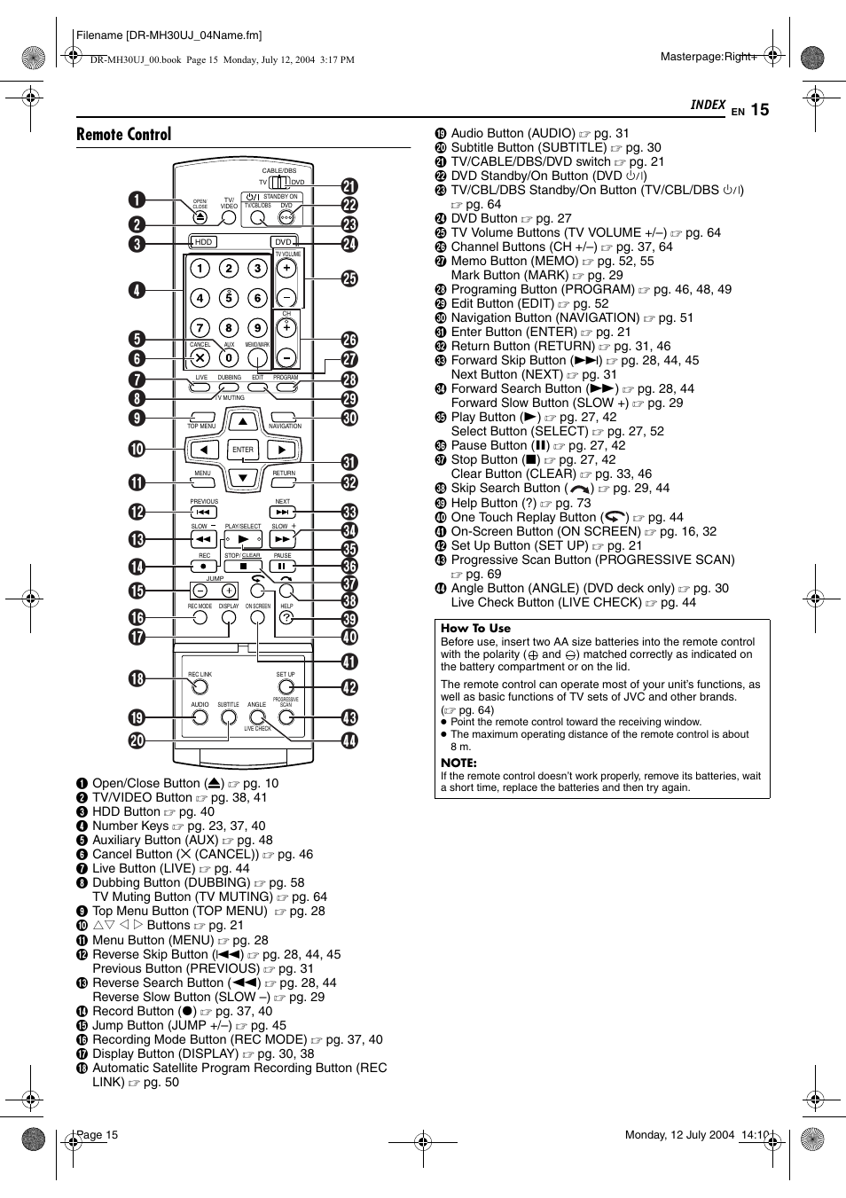 Remote control | JVC DR-MH20SUJ User Manual | Page 15 / 84