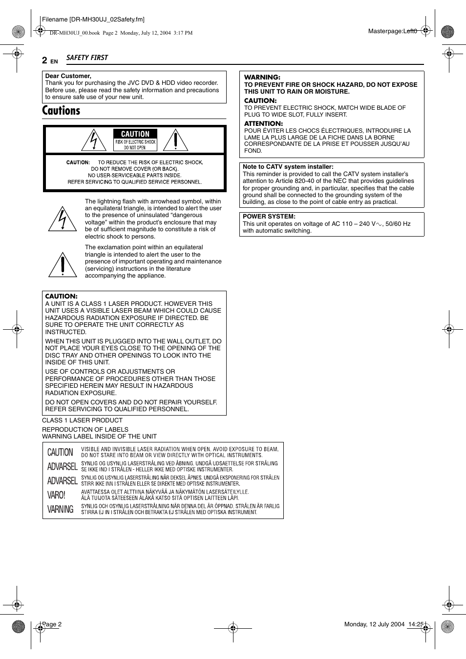 Safety first, Cautions | JVC DR-MH20SUJ User Manual | Page 2 / 84