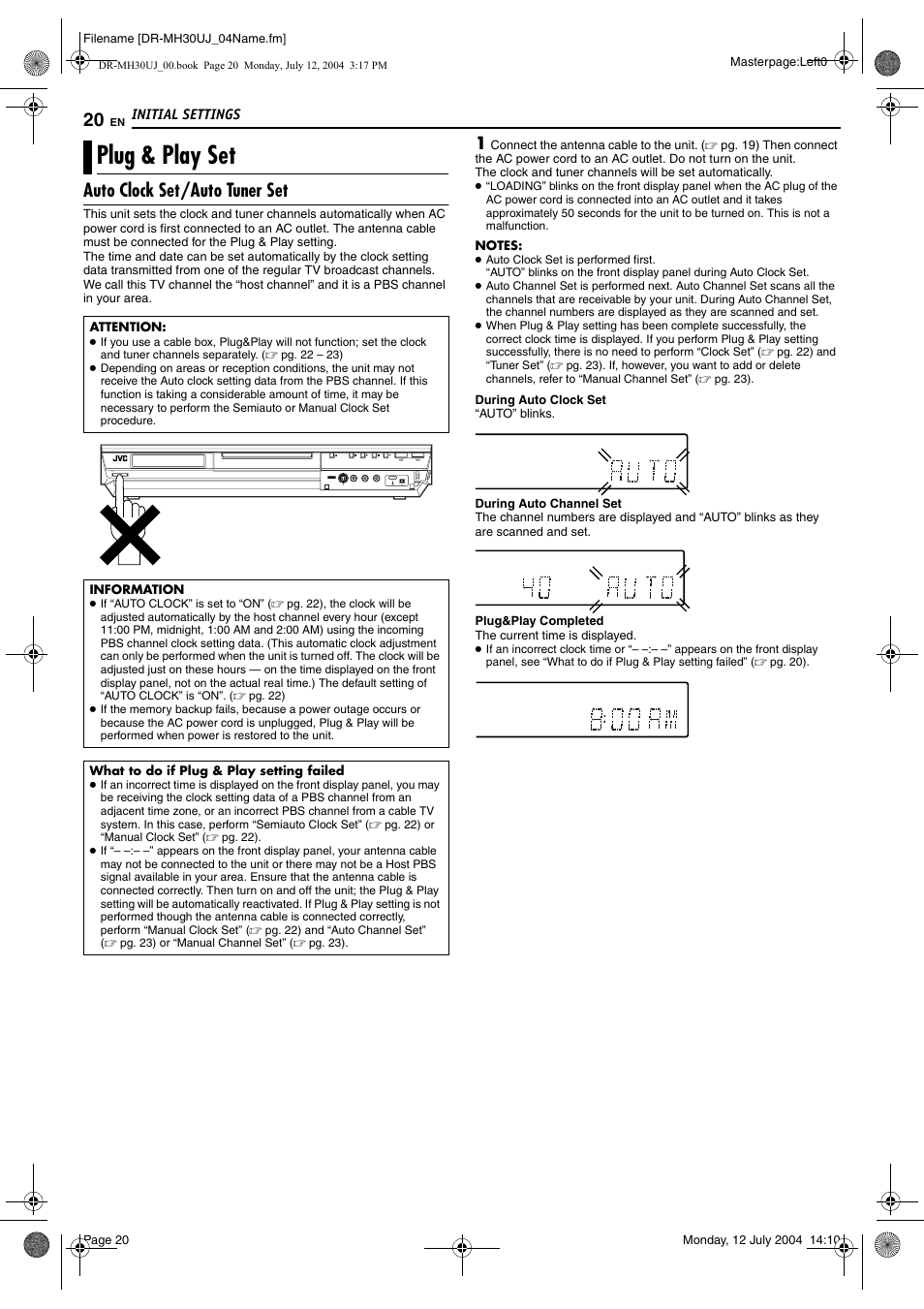 Initial settings, Plug & play set, Auto clock set/auto tuner set | Pg. 20) | JVC DR-MH20SUJ User Manual | Page 20 / 84