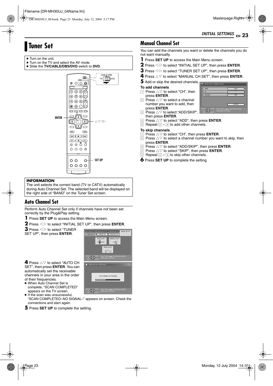 Tuner set, Auto channel set, Manual channel set | Pg. 23, 37, Pg. 23), D “auto channel set, Pg. 23) or, Manual channel set” (੬ pg. 23), Initial settings | JVC DR-MH20SUJ User Manual | Page 23 / 84