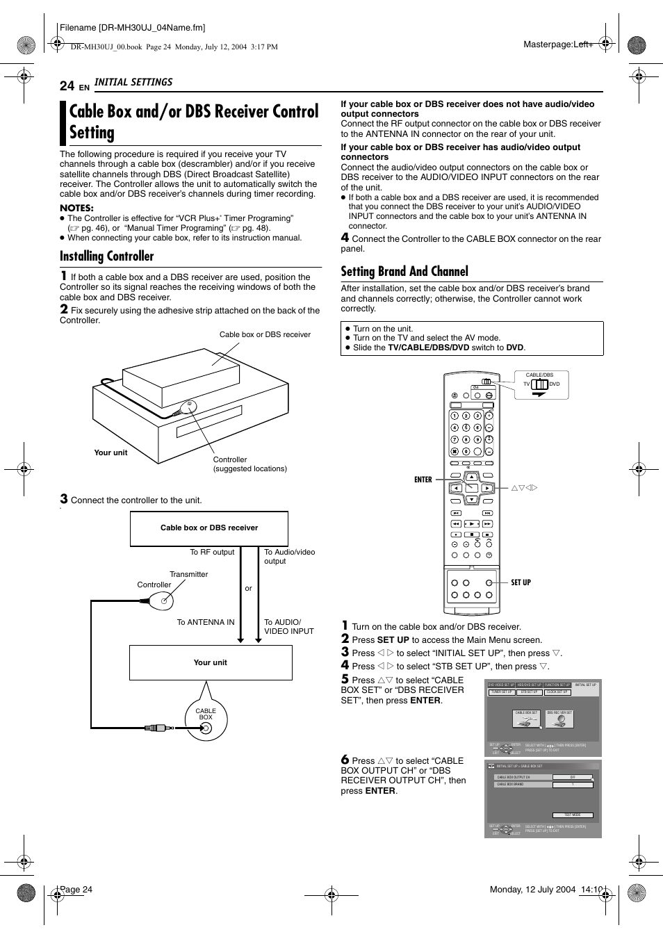 Cable box and/or dbs receiver control setting, Installing controller, Setting brand and channel | Pg. 24, Initial settings | JVC DR-MH20SUJ User Manual | Page 24 / 84
