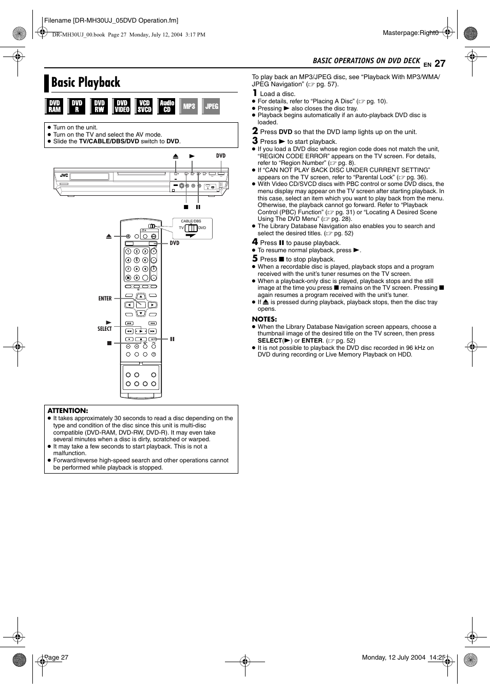 Basic operations on dvd deck, Basic playback, Pg. 27, 42 | Tton, Pg. 27, Pg. 27, 52 | JVC DR-MH20SUJ User Manual | Page 27 / 84