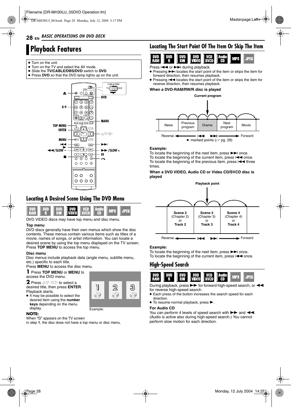Playback features, Locating a desired scene using the dvd menu, High-speed search | Pg. 28, Menu), Pg. 28, 44, Pg. 28, 4, Locating a desired scene, Using the dvd menu, Pg. 28) | JVC DR-MH20SUJ User Manual | Page 28 / 84