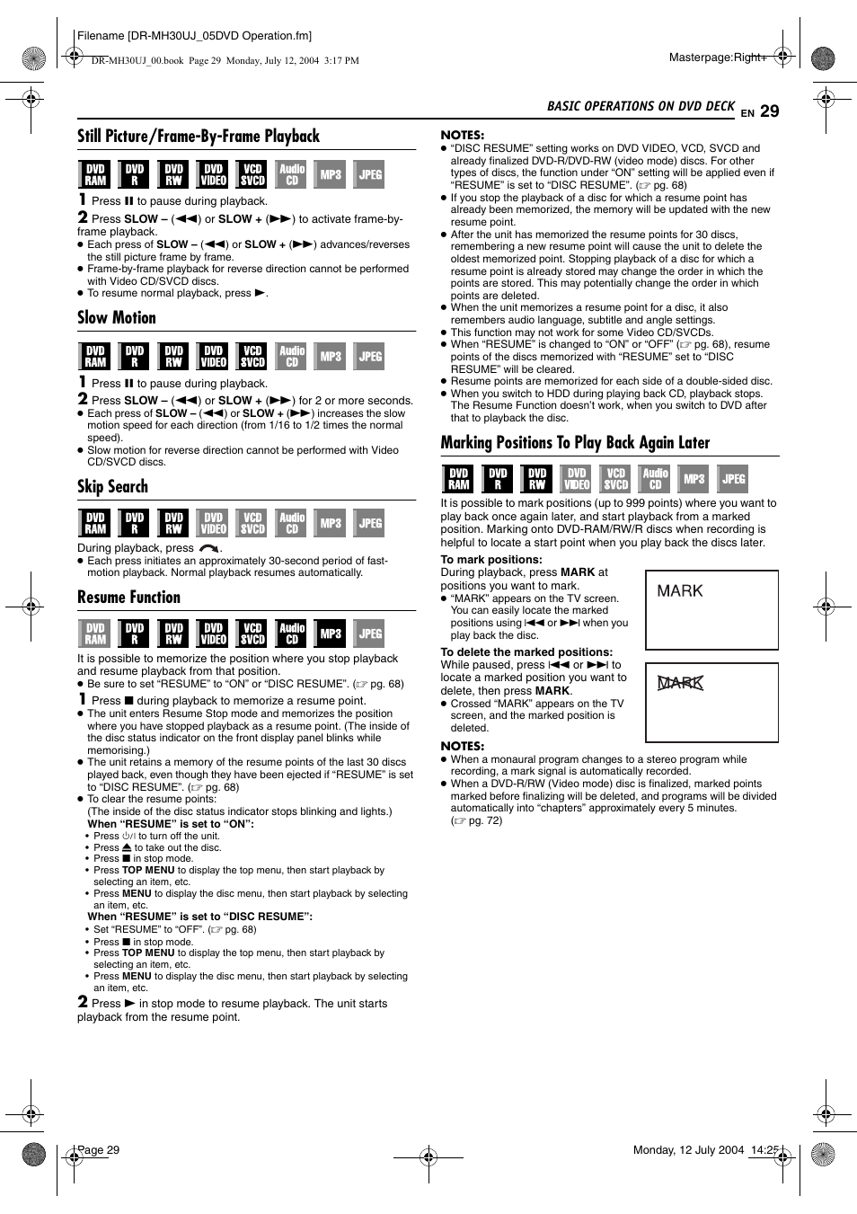 Still picture/frame-by-frame playback, Slow motion, Skip search | Resume function, Marking positions to play back again later, Pg. 29), Pg. 29, Mark), Pg. 29, 44 | JVC DR-MH20SUJ User Manual | Page 29 / 84