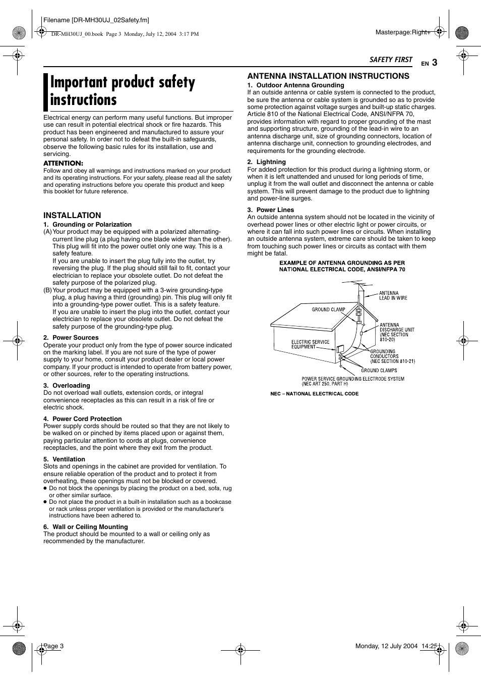 Important product safety instructions | JVC DR-MH20SUJ User Manual | Page 3 / 84