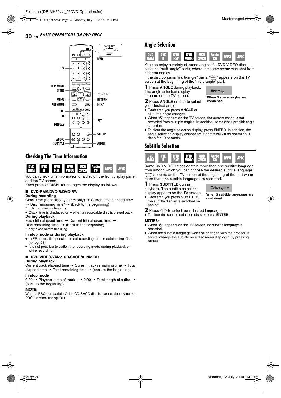 Checking the time information, Angle selection, Subtitle selection | Pg. 30, 3, Pg. 30, 38, Pg. 30 | JVC DR-MH20SUJ User Manual | Page 30 / 84