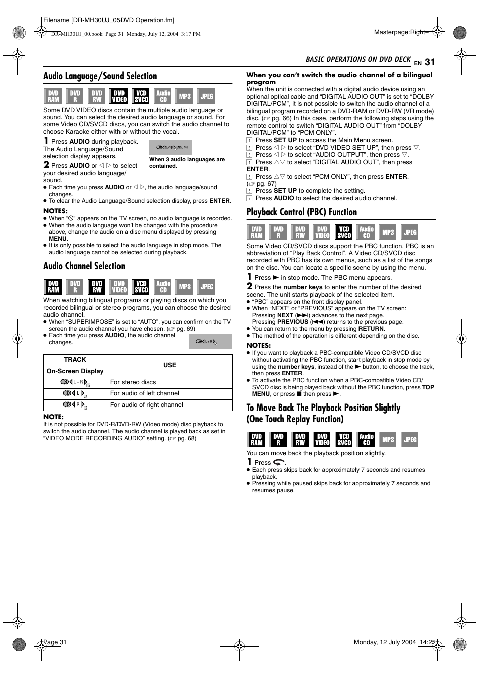 Audio language/sound selection, Audio channel selection, Playback control (pbc) function | Pg. 31), Pg. 31, Eturn), Pg. 31, 46, Pg. 31) or | JVC DR-MH20SUJ User Manual | Page 31 / 84