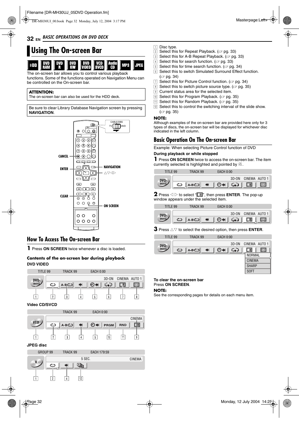 Using the on-screen bar, How to access the on-screen bar, Basic operation on the on-screen bar | JVC DR-MH20SUJ User Manual | Page 32 / 84