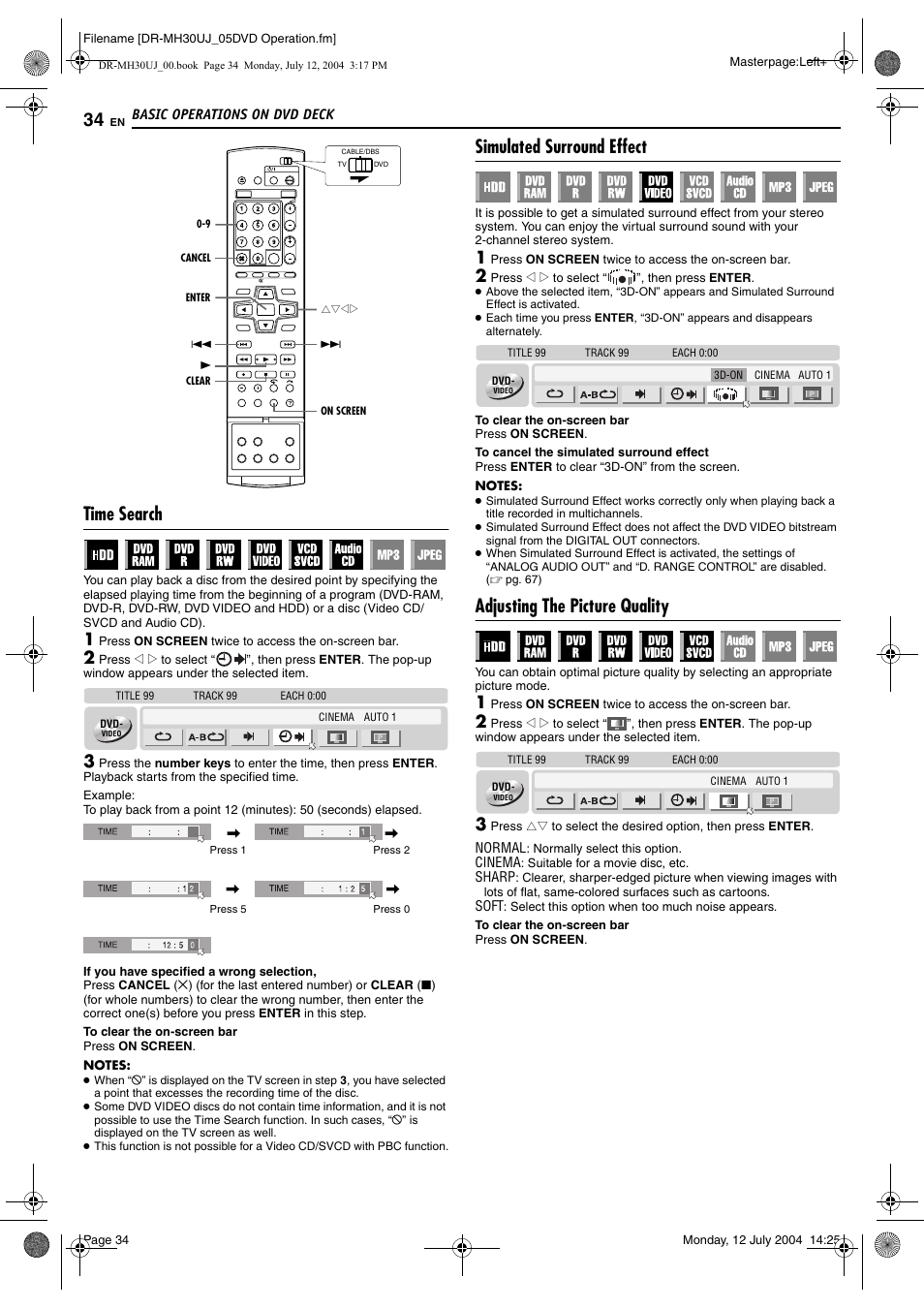 Time search, Simulated surround effect, Adjusting the picture quality | R (3d), Pg. 34, Pg. 34), R picture control function. (੬ pg. 34) | JVC DR-MH20SUJ User Manual | Page 34 / 84