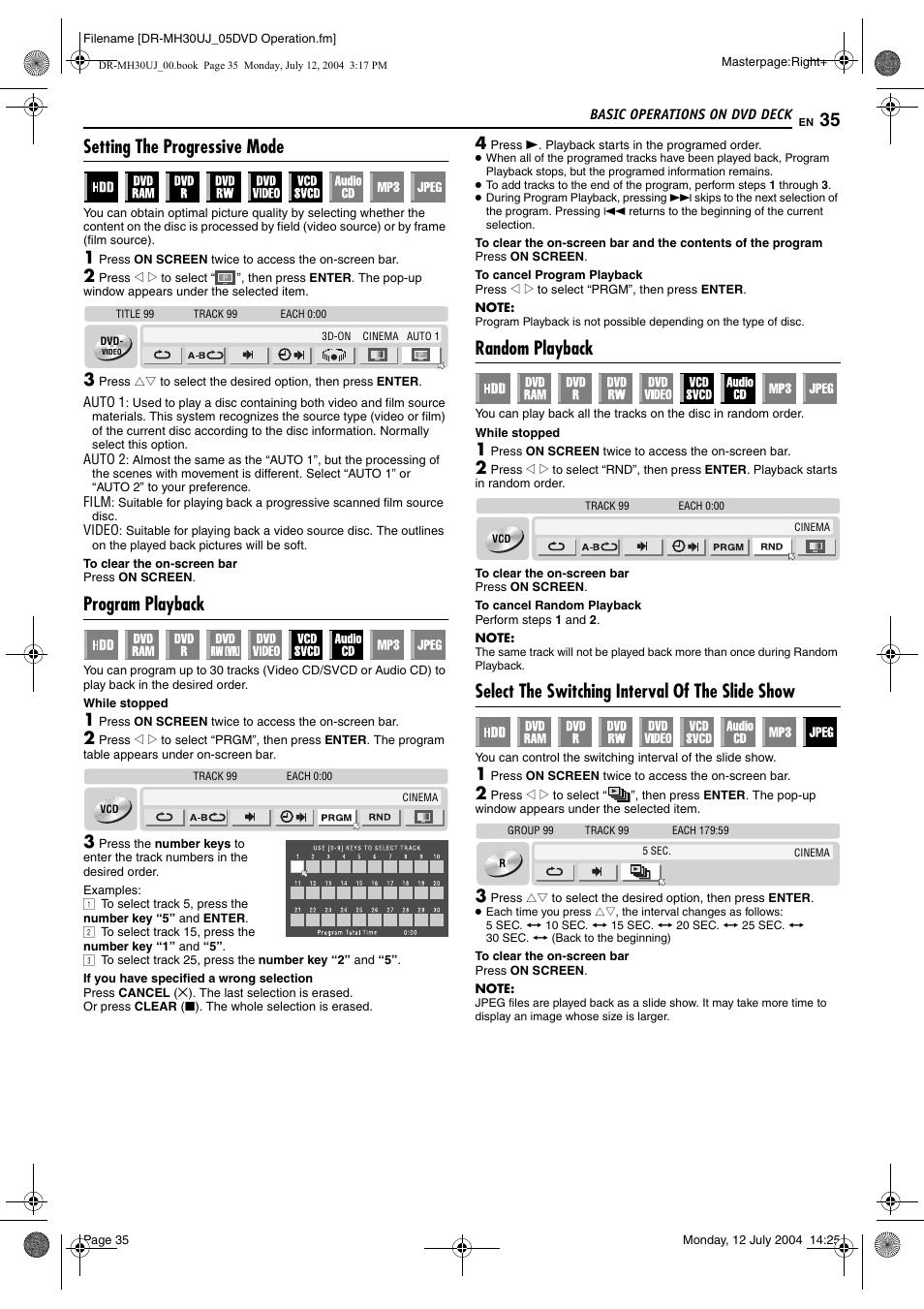 Setting the progressive mode, Program playback, Random playback | Select the switching interval of the slide show, Pg. 35, Pg. 35), K. (੬ pg. 35) | JVC DR-MH20SUJ User Manual | Page 35 / 84
