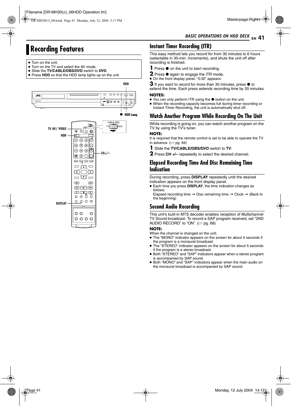 Recording features, Instant timer recording (itr), Watch another program while recording on the unit | Second audio recording, Pg. 41) or time | JVC DR-MH20SUJ User Manual | Page 41 / 84
