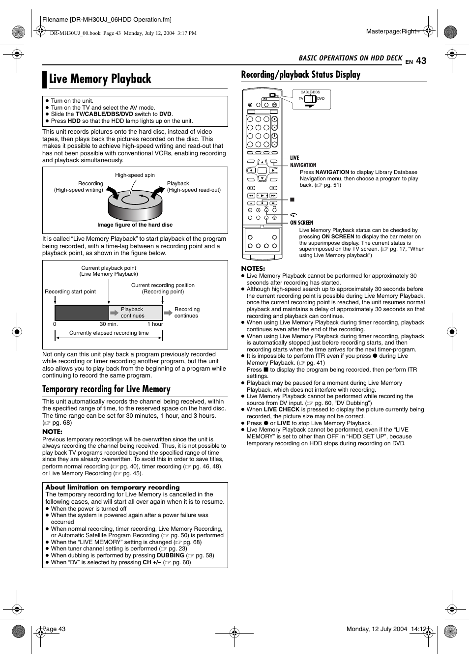 Live memory playback, Temporary recording for live memory, Recording/playback status display | JVC DR-MH20SUJ User Manual | Page 43 / 84
