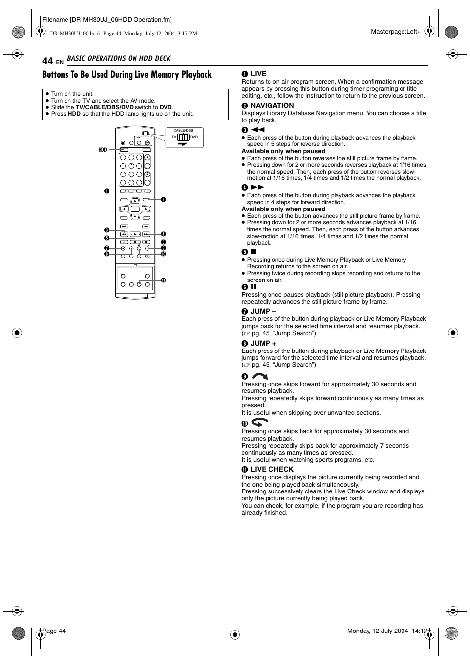 Buttons to be used during live memory playback, Live), Pg. 44 | Check) | JVC DR-MH20SUJ User Manual | Page 44 / 84