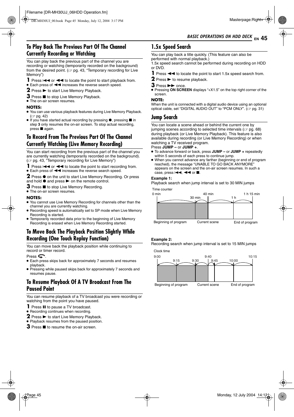 5x speed search, Jump search, Pg. 45 | Pg. 45), Pg. 45, “jump search”) | JVC DR-MH20SUJ User Manual | Page 45 / 84