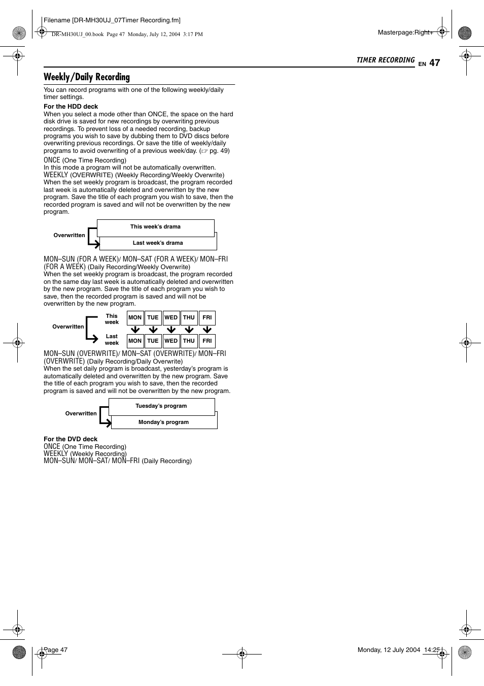 Weekly/daily recording | JVC DR-MH20SUJ User Manual | Page 47 / 84
