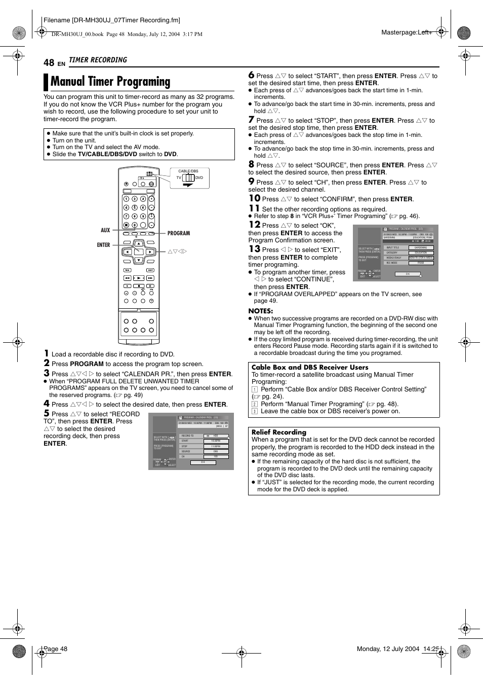 Manual timer programing, Pg. 48, Manual timer programing” (੬ pg. 48) | Relief recording, Pg. 48), Timer recording | JVC DR-MH20SUJ User Manual | Page 48 / 84