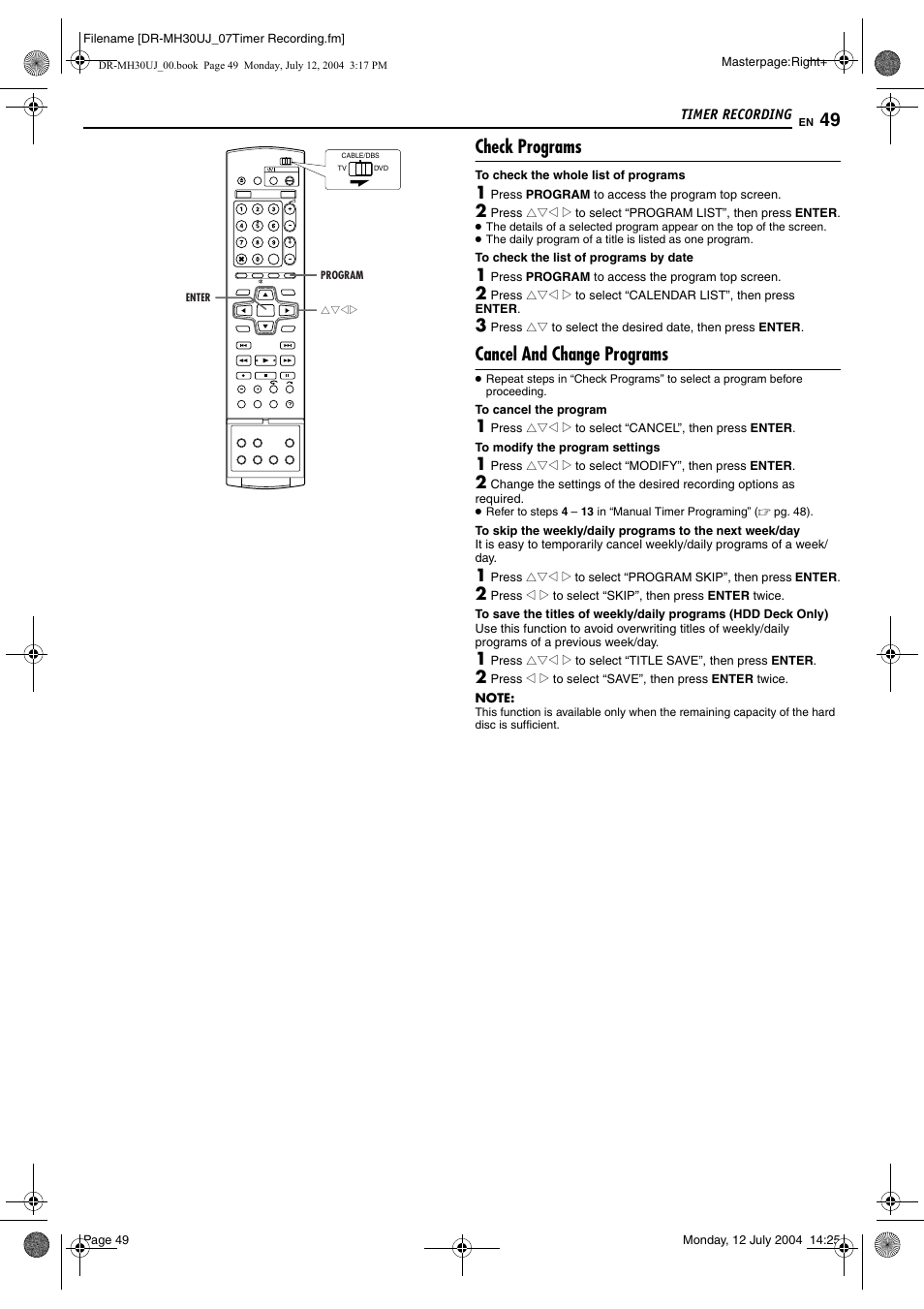 Check programs, Cancel and change programs, Pg. 49) | JVC DR-MH20SUJ User Manual | Page 49 / 84