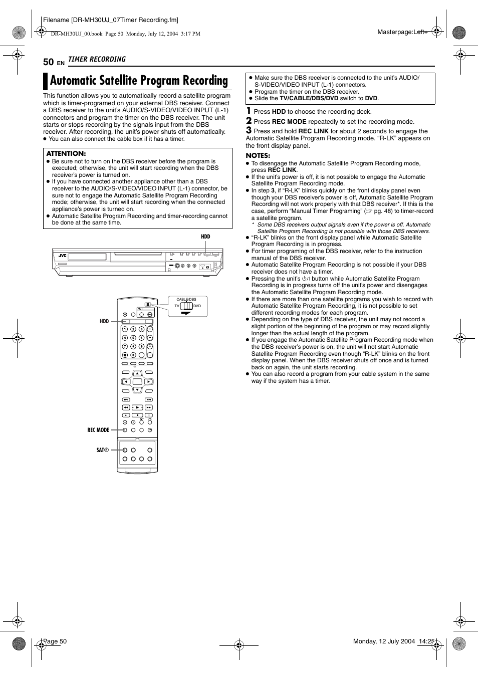 Automatic satellite program recording, Pg. 50), Pg. 50 | JVC DR-MH20SUJ User Manual | Page 50 / 84