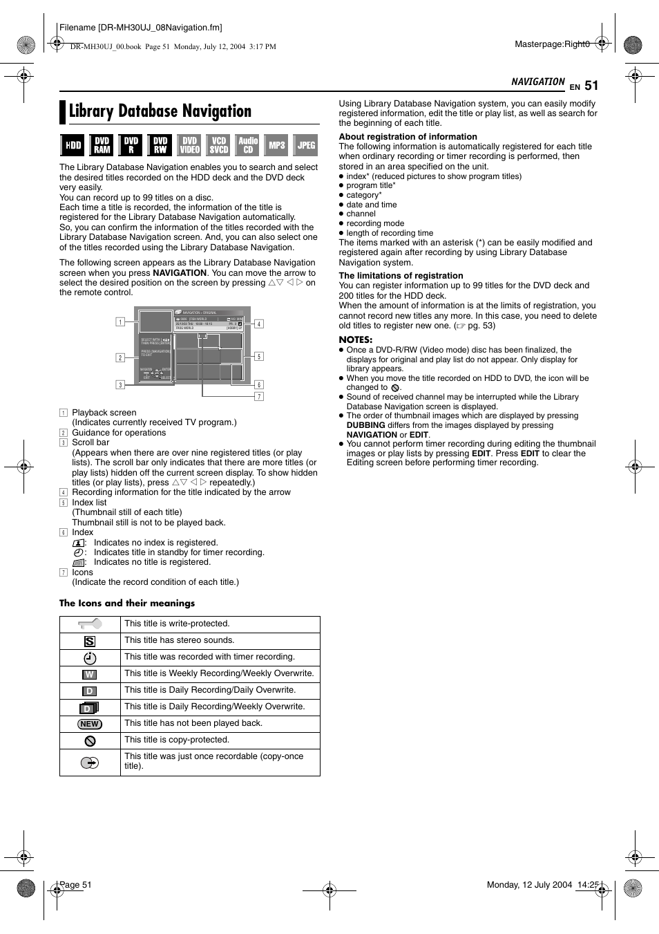 Navigation, Library database navigation, Navigation 51 | Pg. 51, Pg. 51) | JVC DR-MH20SUJ User Manual | Page 51 / 84