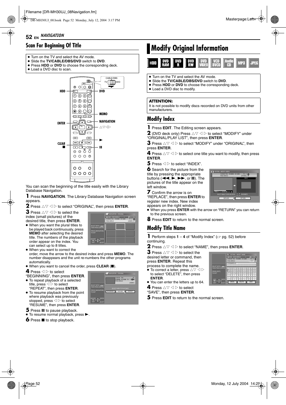 Scan for beginning of title, Modify original information, Modify index | Modify title name, Pg. 52, 5, Pg. 52, Pg. 52), Navigation, Press 8 to stop playback, Press edit . the editing screen appears | JVC DR-MH20SUJ User Manual | Page 52 / 84