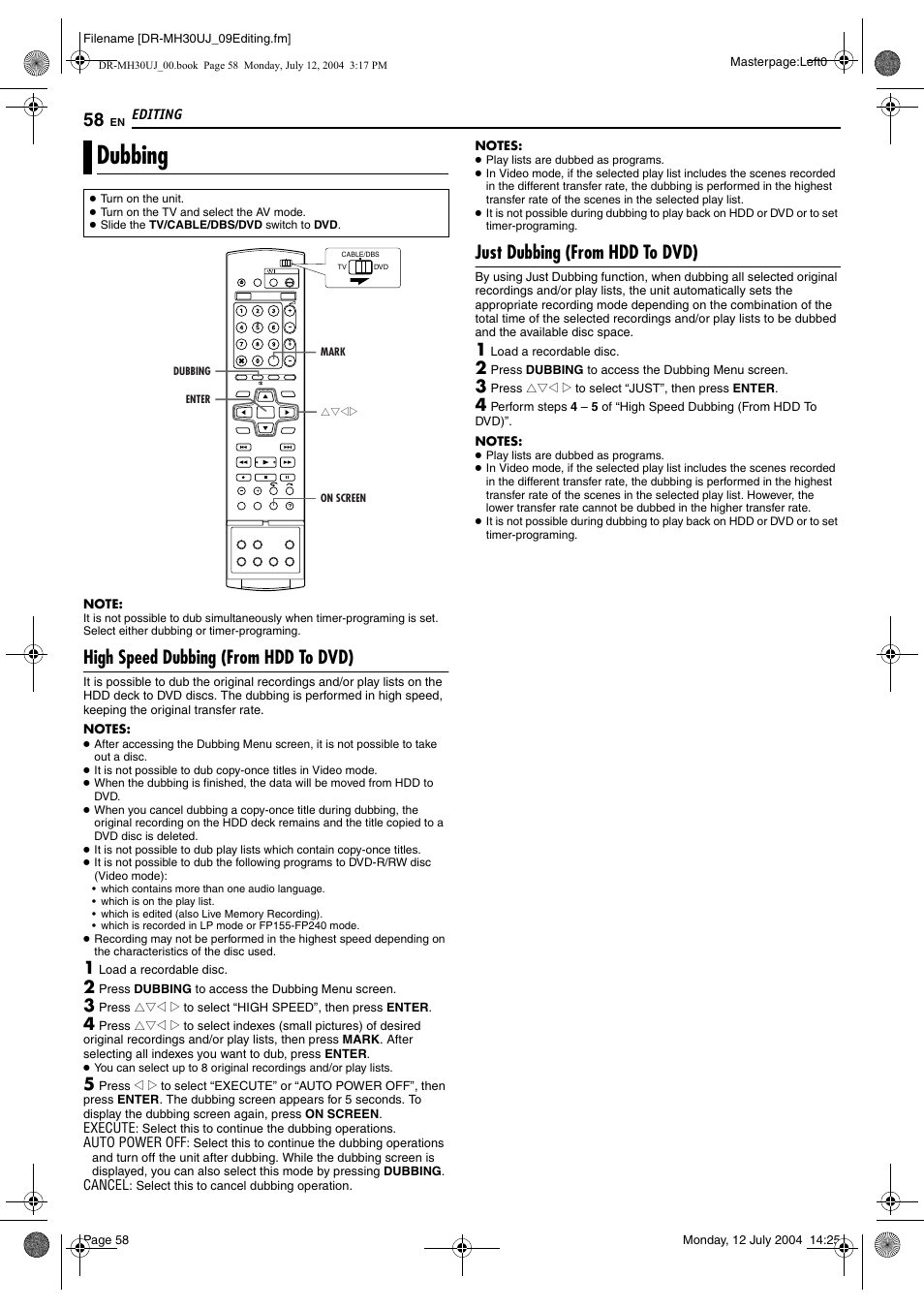 Editing, Dubbing, High speed dubbing (from hdd to dvd) | Just dubbing (from hdd to dvd), Editing 58, Pg. 58, Pg. 58) | JVC DR-MH20SUJ User Manual | Page 58 / 84