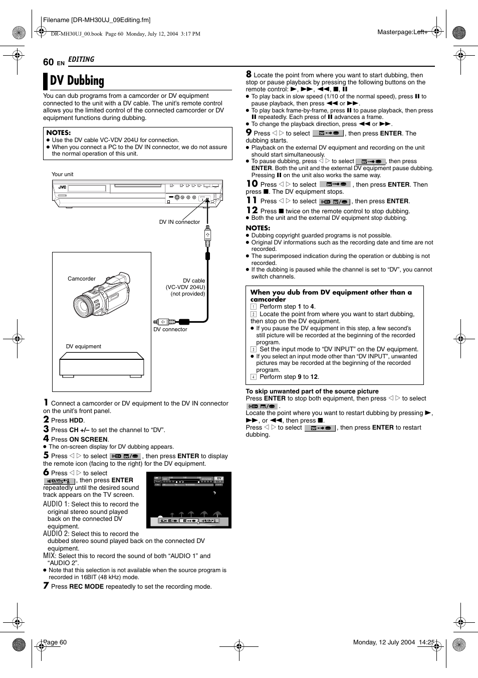 Dv dubbing, Pg. 60, Pg. 60, “dv dubbing”) | Pg. 60), Editing | JVC DR-MH20SUJ User Manual | Page 60 / 84