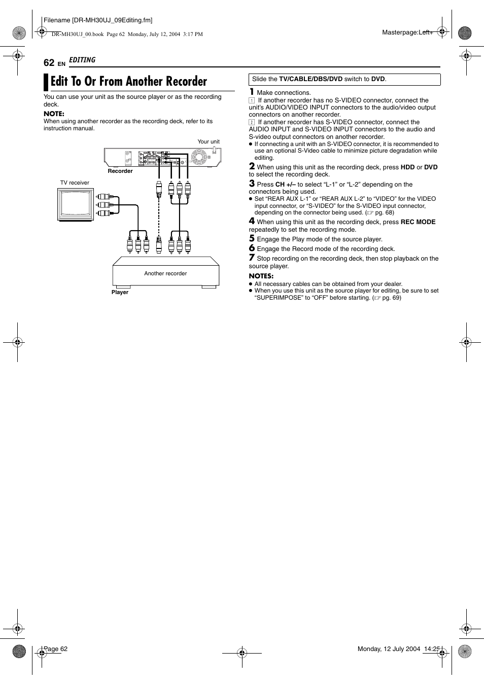 Edit to or from another recorder, L-2)), Pg. 62 | L-1/l-2)) | JVC DR-MH20SUJ User Manual | Page 62 / 84