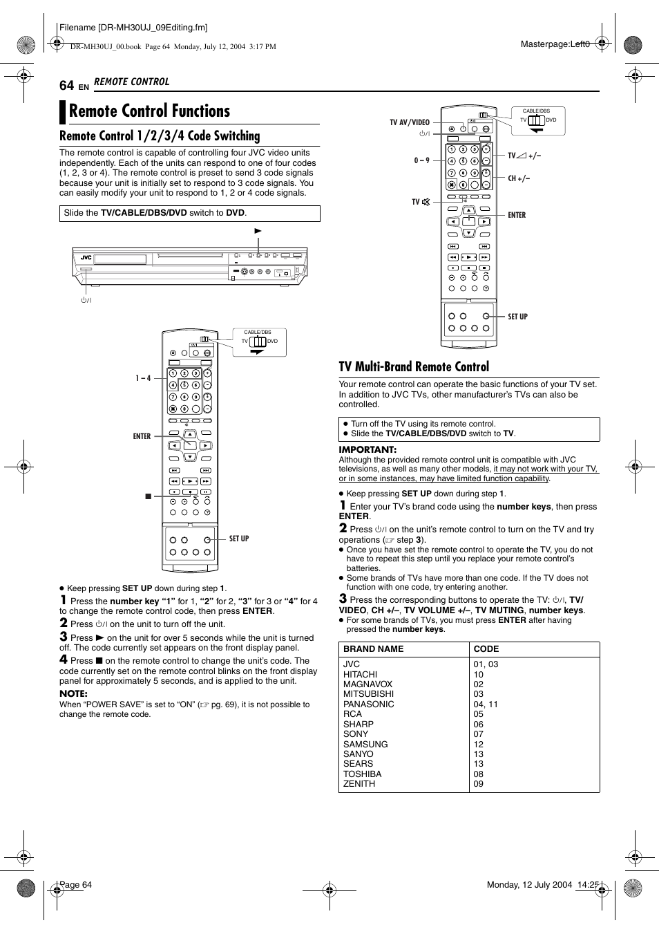 Remote control, Remote control functions, Remote control 1/2/3/4 code switching | Tv multi-brand remote control, Pg. 64, Pg. 64) | JVC DR-MH20SUJ User Manual | Page 64 / 84