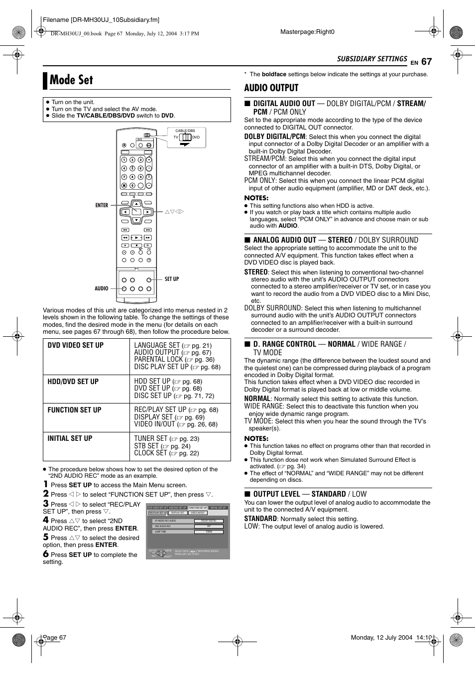 Subsidiary settings, Mode set, Pg. 67) | Audio output | JVC DR-MH20SUJ User Manual | Page 67 / 84