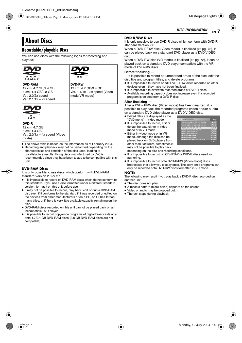 Disc information, About discs, Recordable/playable discs | JVC DR-MH20SUJ User Manual | Page 7 / 84