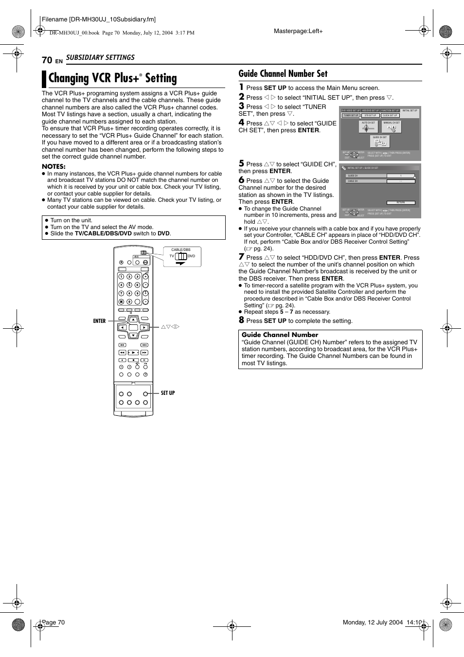 Changing vcr plus+® setting, Guide channel number set, Changing vcr plus | Setting, Subsidiary settings | JVC DR-MH20SUJ User Manual | Page 70 / 84