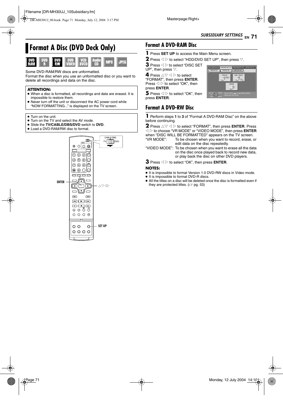 Format a disc (dvd deck only), Format a dvd-ram disc, Format a dvd-rw disc | Pg. 71, Pg. 71), Pg. 71, 72), Subsidiary settings | JVC DR-MH20SUJ User Manual | Page 71 / 84