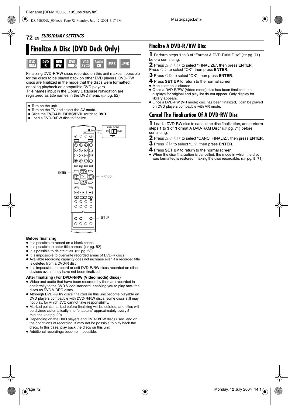 Finalize a disc (dvd deck only), Finalize a dvd-r/rw disc, Cancel the finalization of a dvd-rw disc | Pg. 72), it, Pg. 72), it can, Pg. 72), M “finalize a disc (dvd deck only) | JVC DR-MH20SUJ User Manual | Page 72 / 84