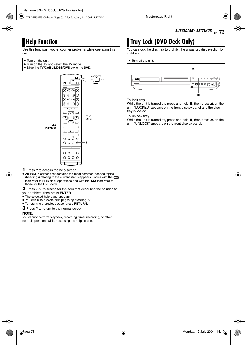 Help function, Tray lock (dvd deck only), Help function tray lock (dvd deck only) | Pg. 73 | JVC DR-MH20SUJ User Manual | Page 73 / 84