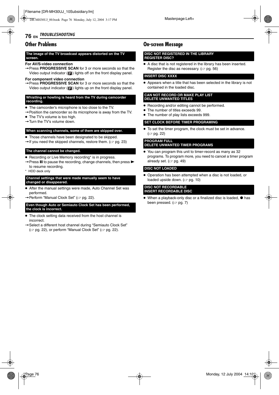 Other problems, On-screen message | JVC DR-MH20SUJ User Manual | Page 76 / 84
