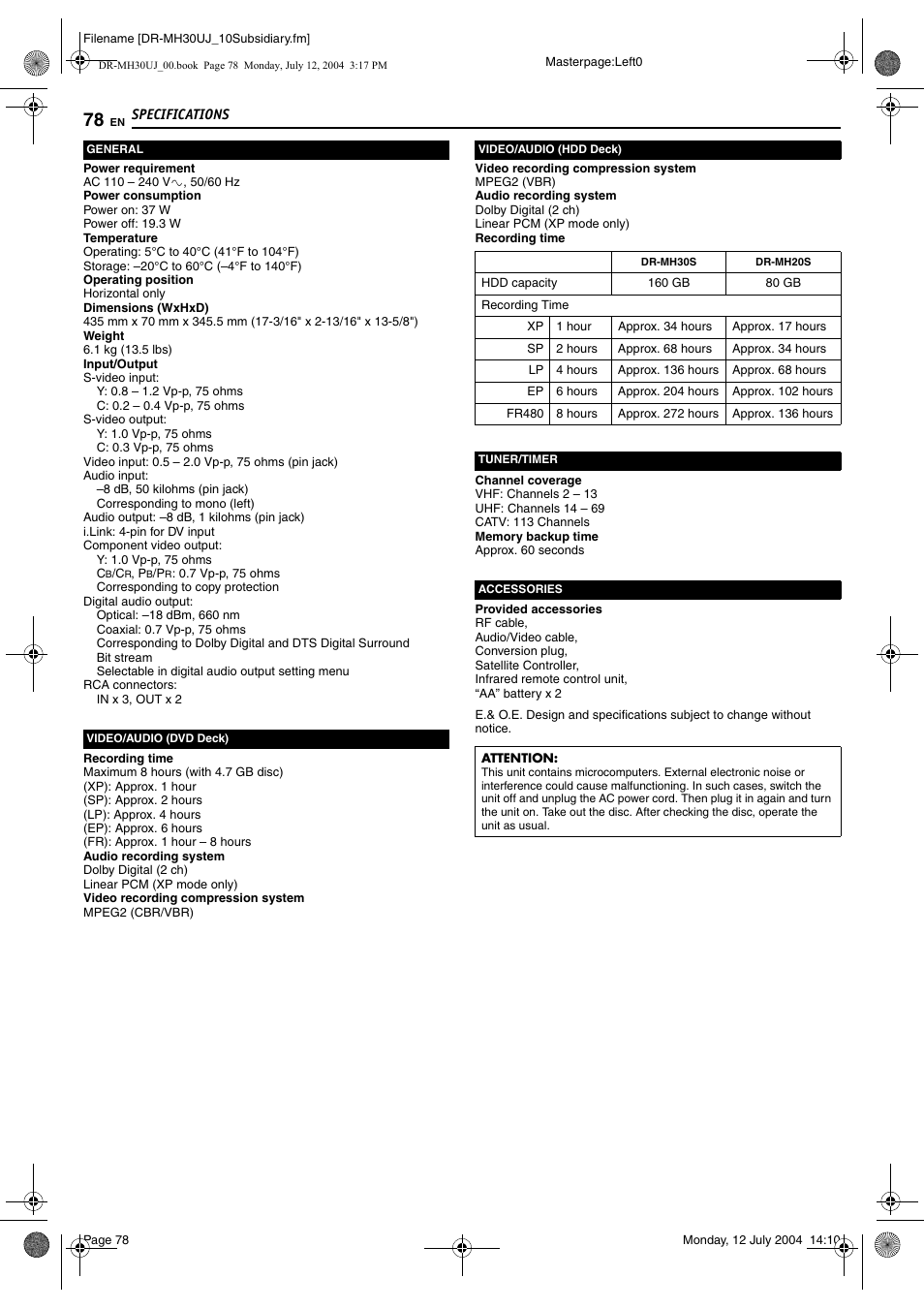 Specifications, Specifications 78 | JVC DR-MH20SUJ User Manual | Page 78 / 84