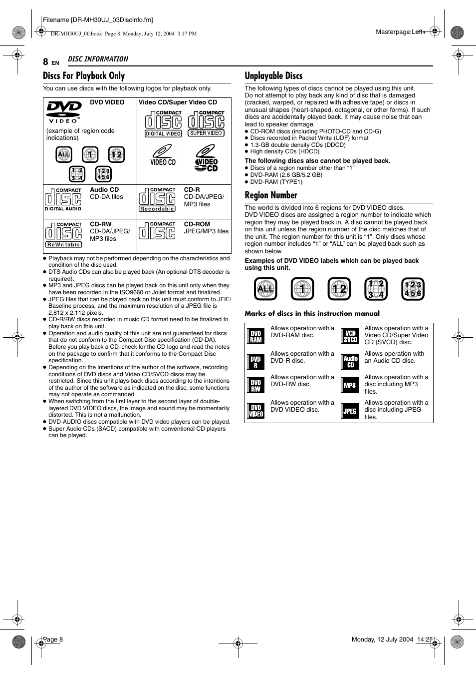 Discs for playback only, Unplayable discs, Region number | JVC DR-MH20SUJ User Manual | Page 8 / 84