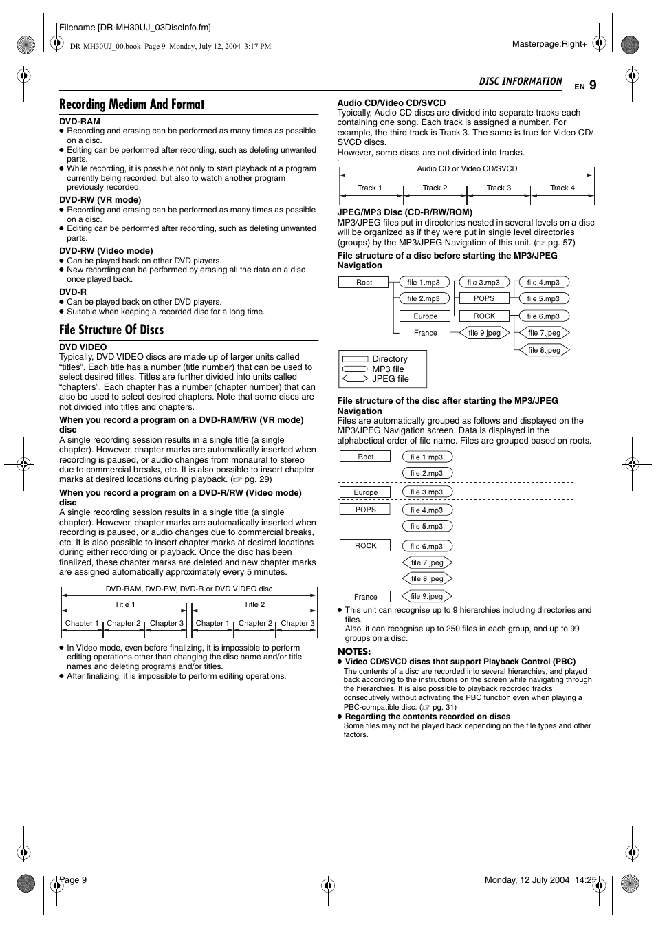 Recording medium and format, File structure of discs | JVC DR-MH20SUJ User Manual | Page 9 / 84