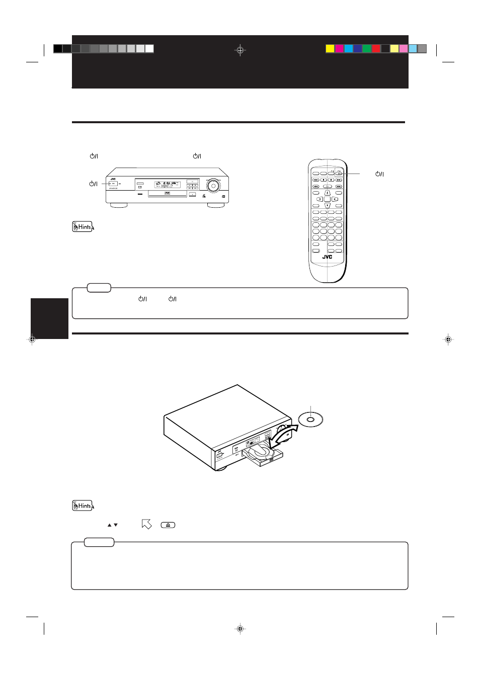 Basic operations, Turning on/off the unit, Inserting and removing discs | Press open/close to open the disc tray, Place the disc in the tray, Press open/close to close the disc tray, Standby dvd player xv-515 pau se sto p skip pla y | JVC XV-515GD  EN User Manual | Page 20 / 48