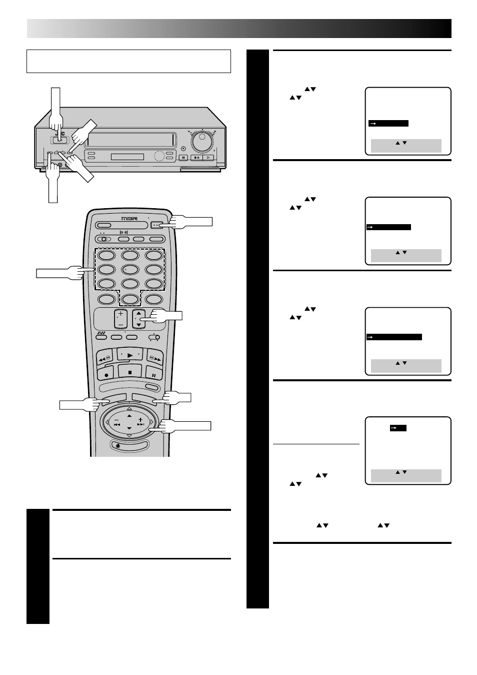 Access custom set screen, Access g-code set-up screen, Access cable box output screen | Select cable box output channel, Return to g-code set-up screen, Turn on the vcr, Access main menu screen, Initial settings (cont.), Set cable box output channel | JVC HR-DD840KR User Manual | Page 14 / 68